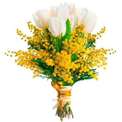 Букет с тюльпанами и мимозой «Цветочный шарм»