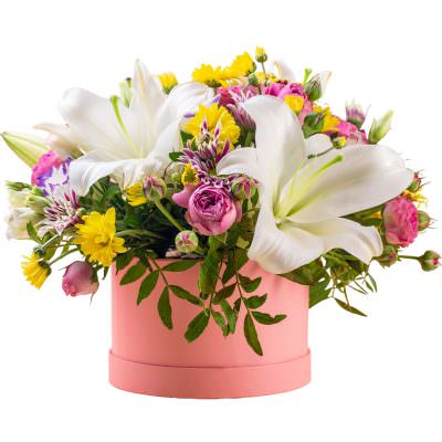 Цветы в цилиндрической коробке «Тепло рассвета»